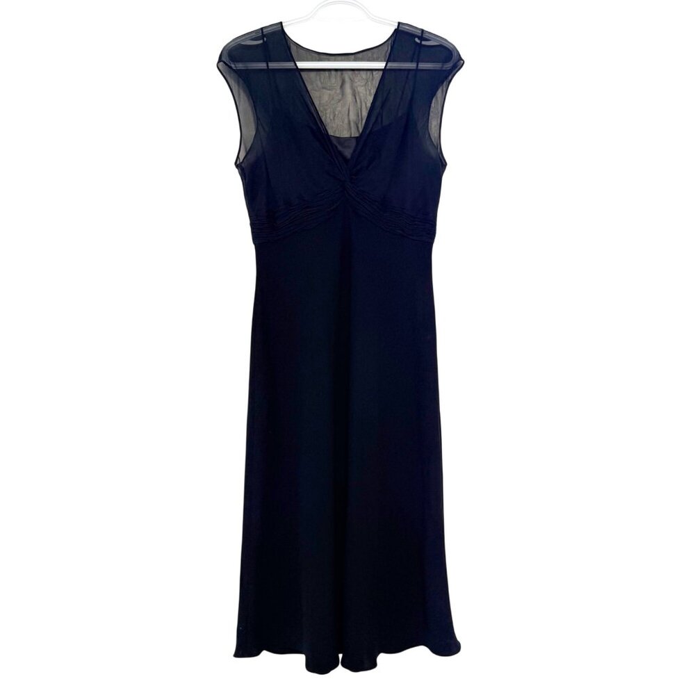 Jones New York Black Sleeveless Dress Sheer Silk Overlay & Ruched Waist Size 8